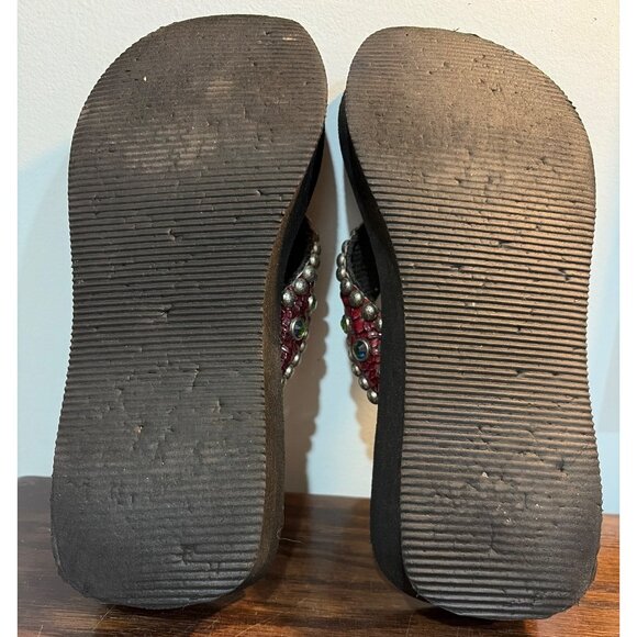 Gypsy Soule Womens Rhinestone Embellished Black Flip Flops Red Snakeskin Straps - Picture 5 of 7